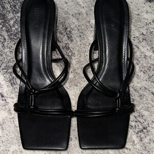 Black Strappy Square-Toe Slide Block heels